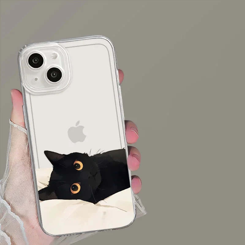 Black Cat Couple Clear Phone Case – Transparent Protective Cover with Whimsical Design