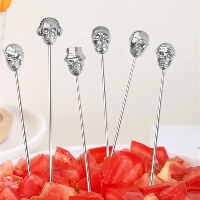 Cocktail Skewers 6pcs Cocktail Picks Skull Cocktail Picks Martini Stainless Steel Reusable Olive Garnish Skewer Silver Fruit