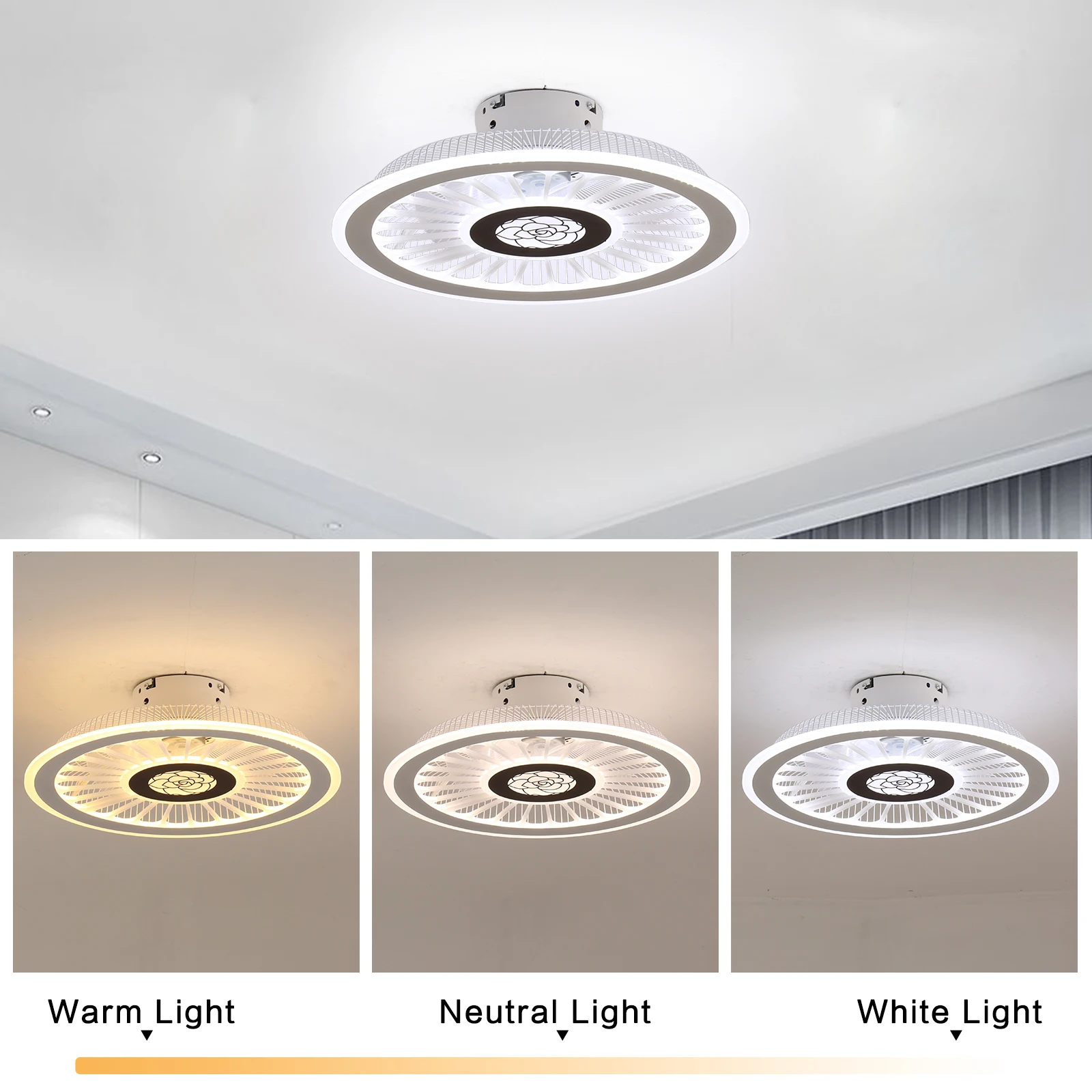 Semi Flush Mount Chandelier Fan Dimmable Ceiling Fan with LED Light 18" Remote Control 3 Colors 3 Speeds with Hidden Blades