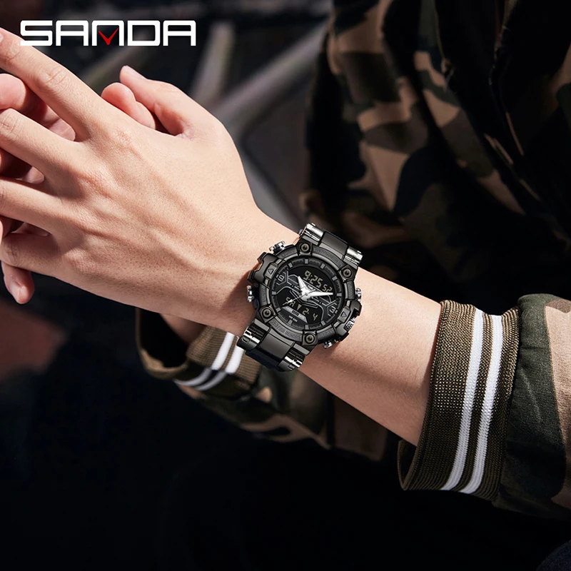 SANDA 3186 Top Brand New Men's Sports Military Hyun-chae Case Waterproof Multifunction Wristwatch Digital Watch For Men Clock