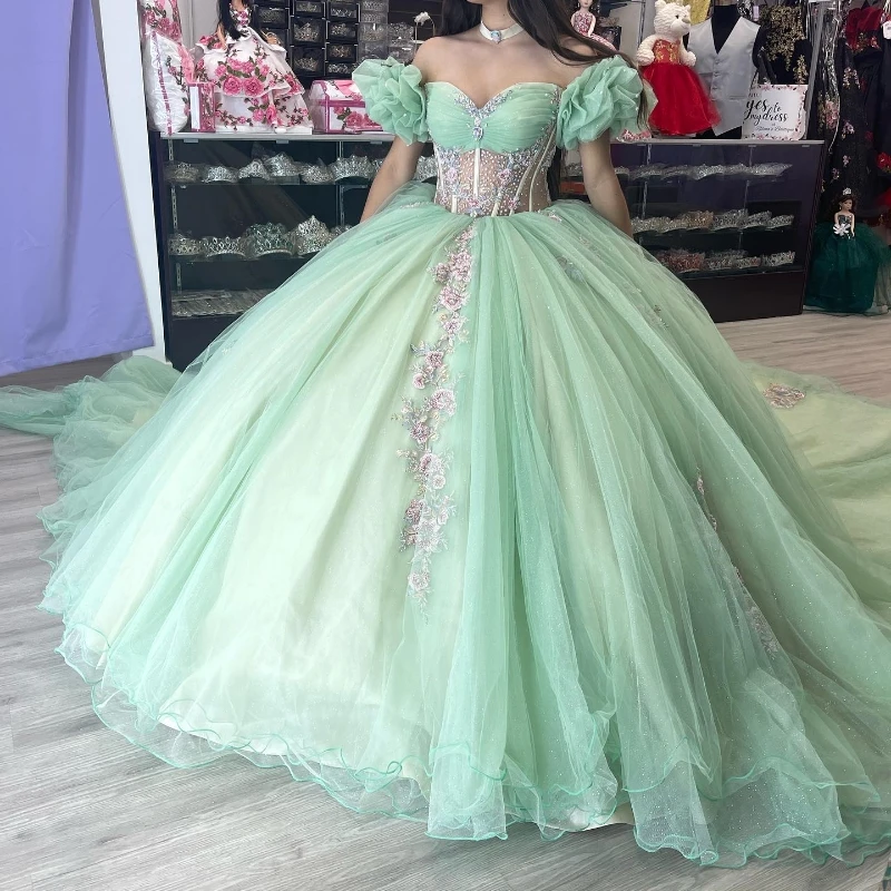 

Sage Green Quinceanera Dress Off The Shoulder Party Prom Dress Ball Gown Flower Beads Lace Girl Sweet 16 Party Gown Vestidos