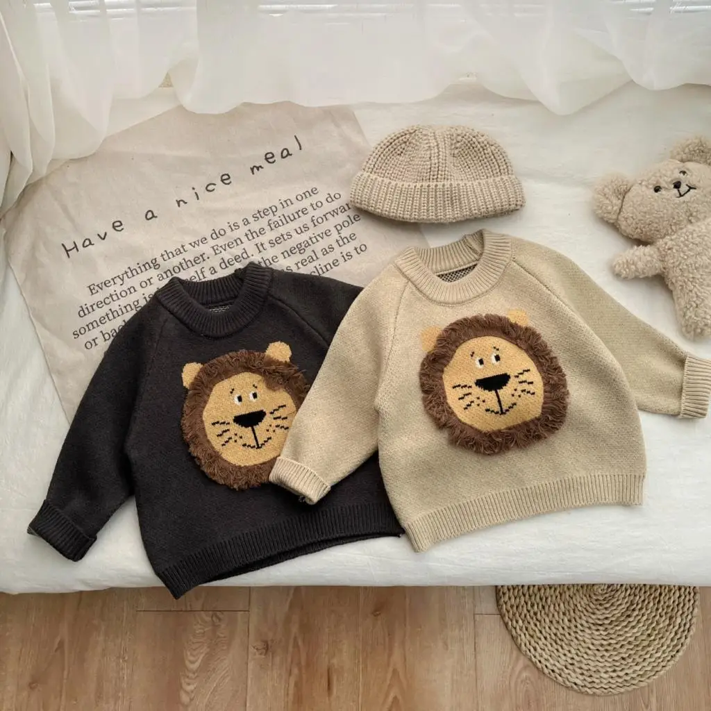 

2023 Korean Autumn Winter Baby Boys Sweaters Cotton Knitted Lion Patched Infant Boys Pullovers Warm Thick Toddler Boy Knitwears
