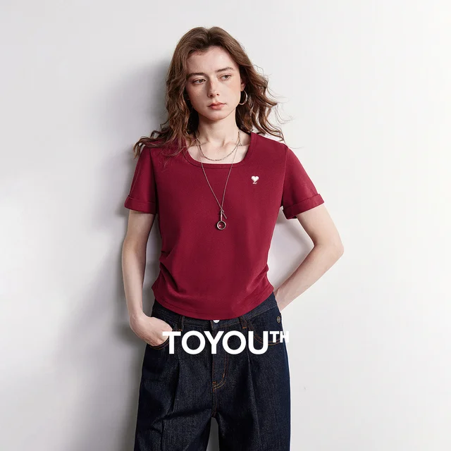 T-shirt femme TOYOUTH 2026 Nouvelle collection été Respirant Perlé Coupe courte Taille cintrée Col carré Style américain 1