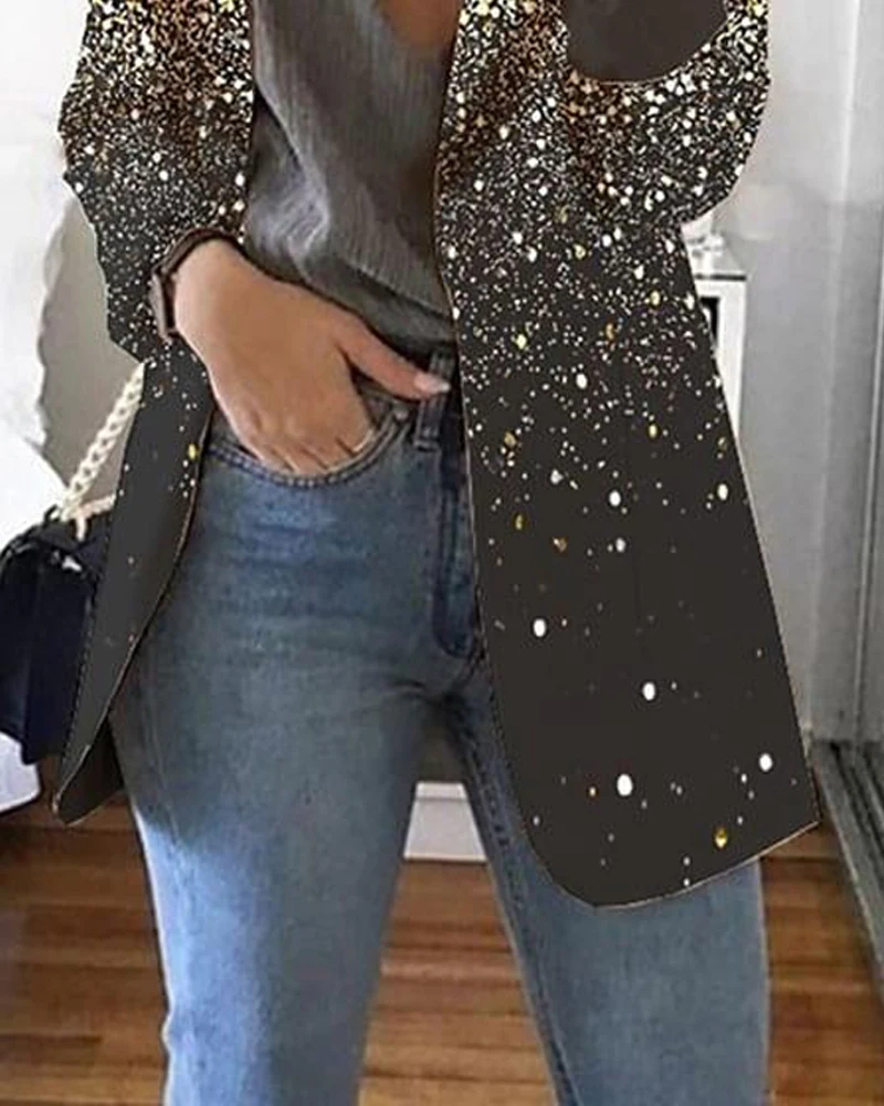 Workwear Fashion Women Casual Coats Pocket Design Bling Bling Elegan Notched Collar Glitter Print Long Sleeve Blazer