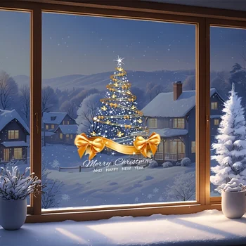 Golden Christmas Tree Electrostatic Sticker – 2025 Décor 1