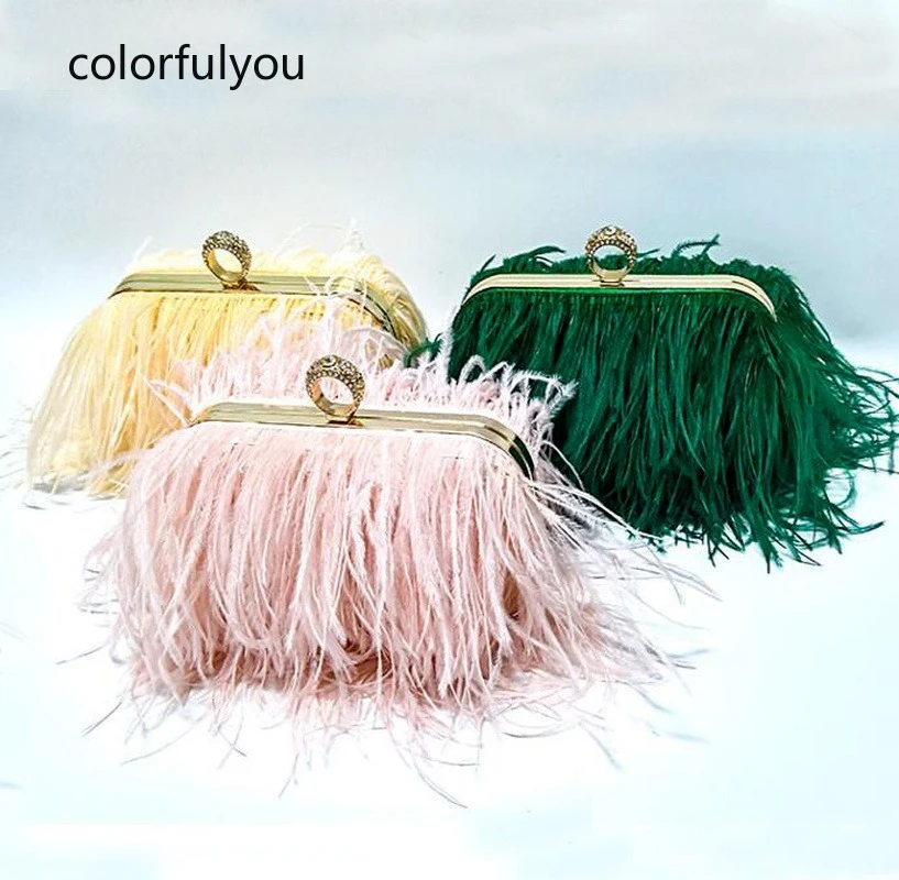 2022 Luxury Ostrich Feather Party Evening Clutch Bag Women Wedding Purses and Handbags Small Shoulder Chain Bag Designer Bag