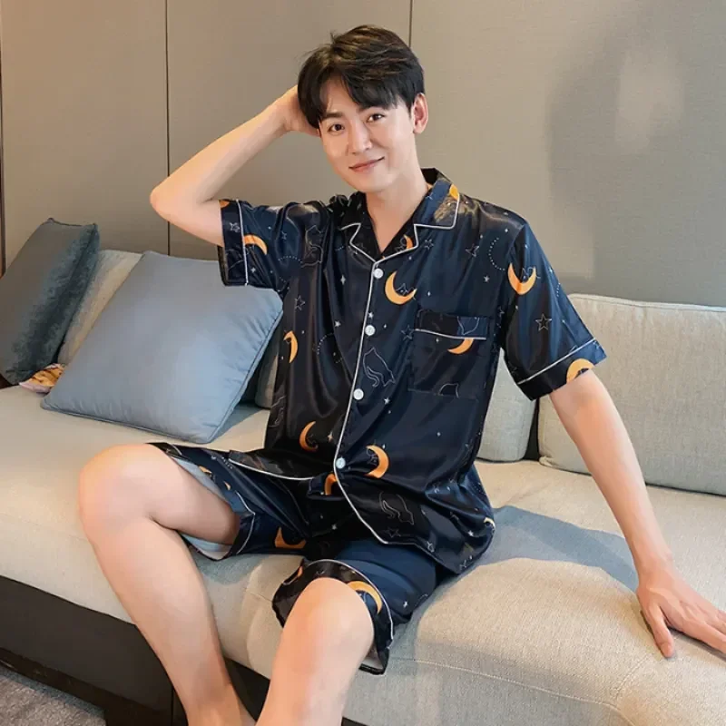 

2pcs Color Thin Short Shirt+shorts Male Homewear Suit Summer Satin Men Solid Pajama Sets Silk Sleepwear Sleeve Casual Clothes