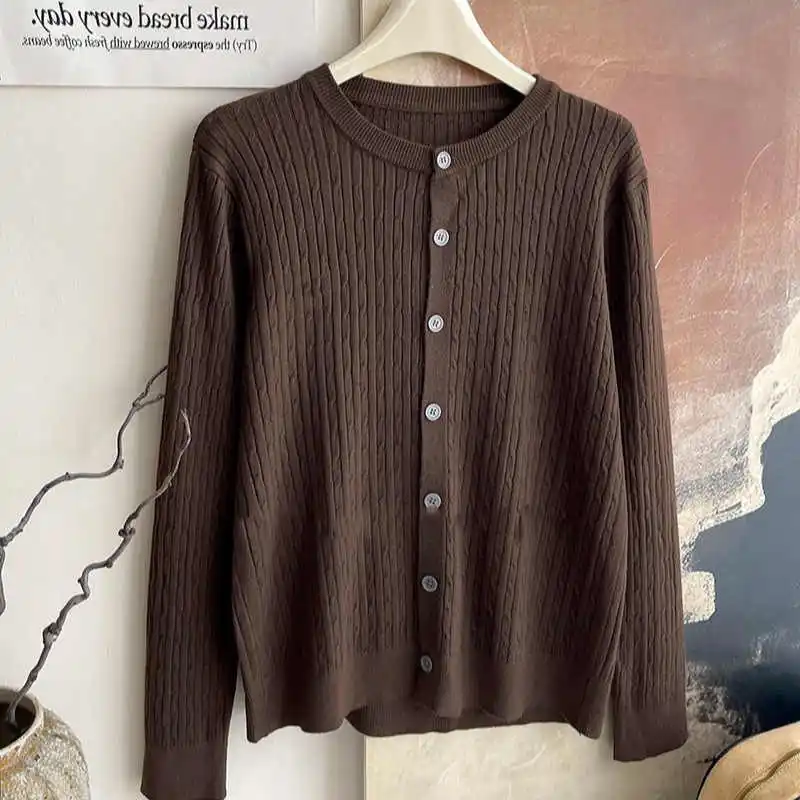 2025 New Casual Versatile Tops Autumn Winter Women's Crew Neck Cardigan Pure Color Long Sleeve Single Breasted Knitted Sweater - Image 3