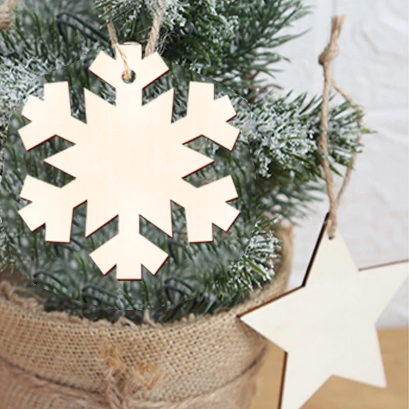 10PCS Christmas Crafts Unfinished Wooden Christmas Ornaments Xmas Tree Snowflake Wood Slices Crafts with Jute Rope for DIY Craft
