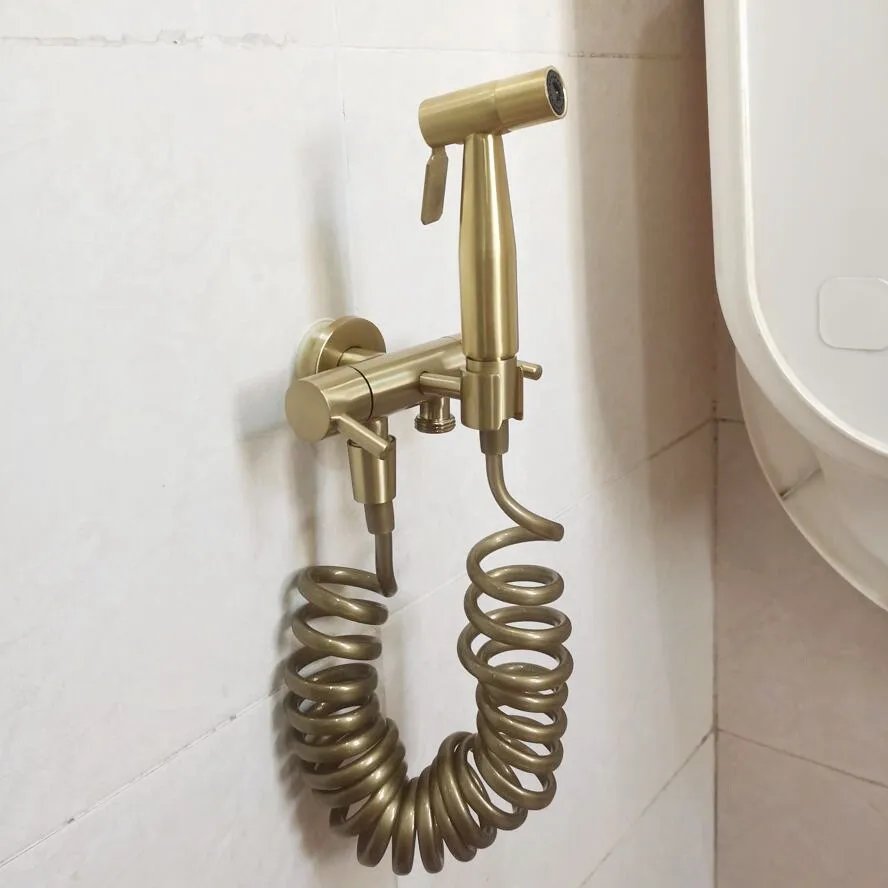 

Bathroom Toilet Bidet Tap Kit. Brushed Gold Wall Mounted Bidet Sprayer Shower With two way Shut-Off Valve