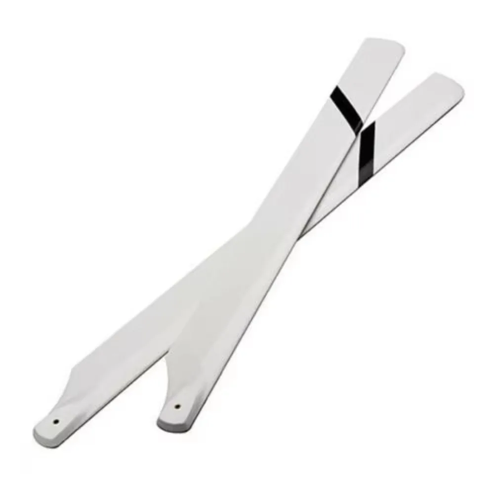 Pales de rotor principal en fibre de verre 430mm pour hélicoptère RC Align Trex 500, fixées sur le rotor head.