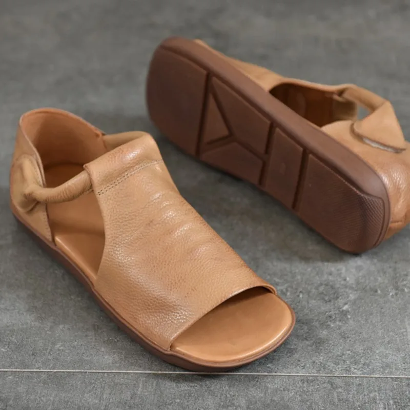 Johnature Peep Toe Flat Sandals Summer New Retro Genuine Leather Comfortable Soft Sole Versatile Women's Shoes women sandals