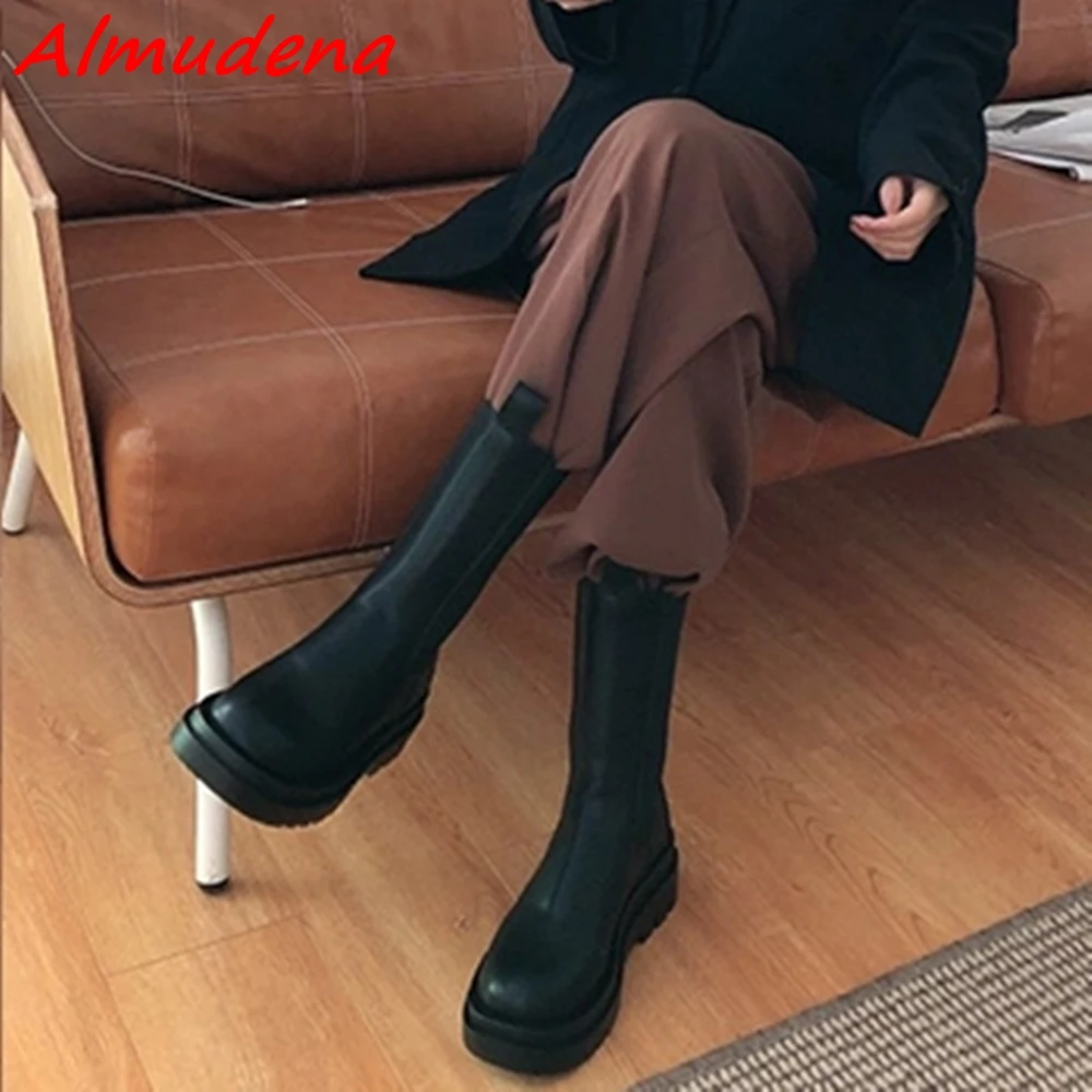 

Stree Style Fashion Chelsea Boots Black Mid Calf Round Toe Height Increasing Slip On Stretch Boots Casual Modern Women's Boots