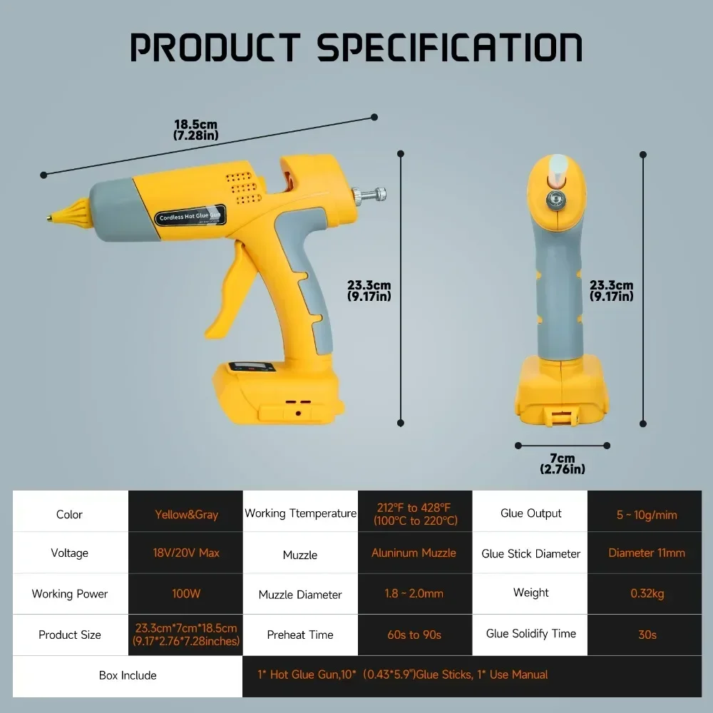 100W Rechargeable Handheld Hot Glue Gun Electric Repair DIY Gun Power Tools with 11mm Glue Stick for Dewalt 18V Lithium Battery
