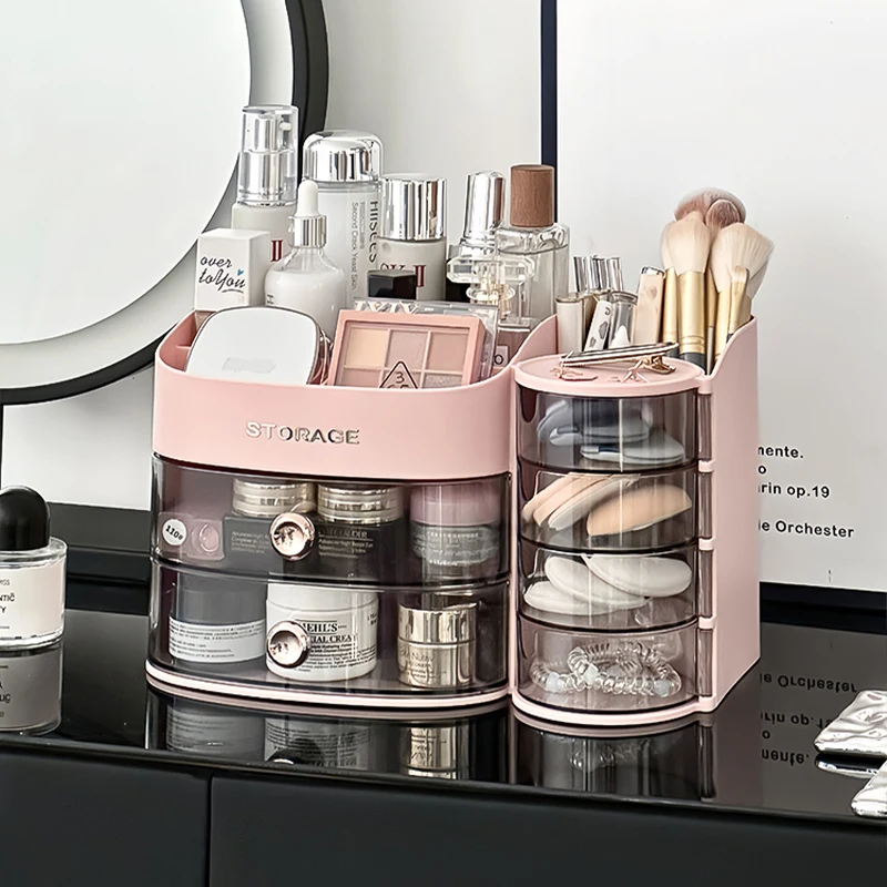 Rotating Makeup Organizer with Drawer Plastic Cosmetic Storage Box with Divider for Desktop Compact Travel Makeup Case for Women 4