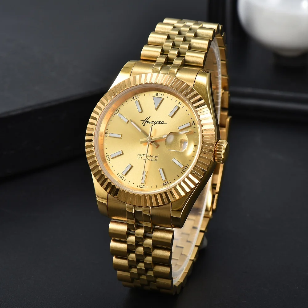 HUAYRA Fashion Luxury Automatic Mechanical Watch Gold Stainless Steel Clock Casual Waterproof Calendar Men's Watch