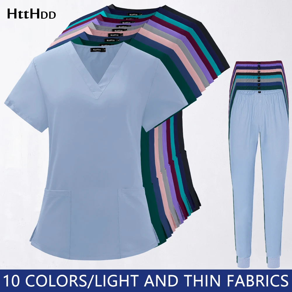

Men Summer Solid Color Beauty Salon Nursing Uniform Jogging Pants Uniform Suit Dentist Scrubs Women Uniform Wholesale Scrub Set