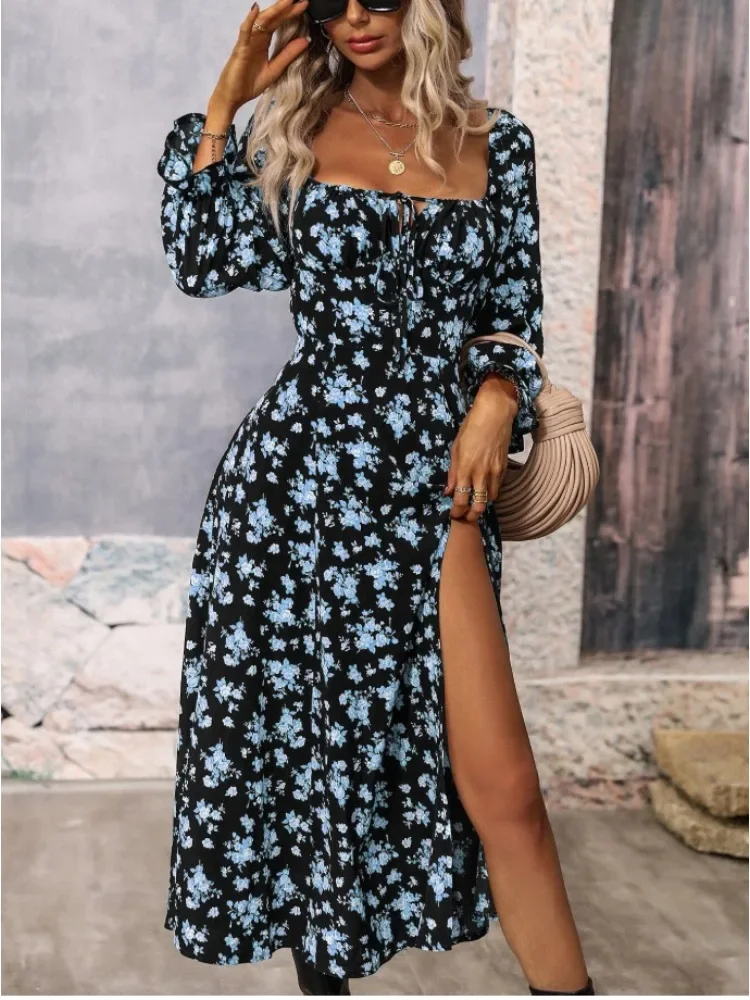 

Vintage Print Dress Women Spring Autumn Bohemia Sexy Square Neck Long Sleeve Vestidos Ladies Elegant Lace Up Side Split Dresses
