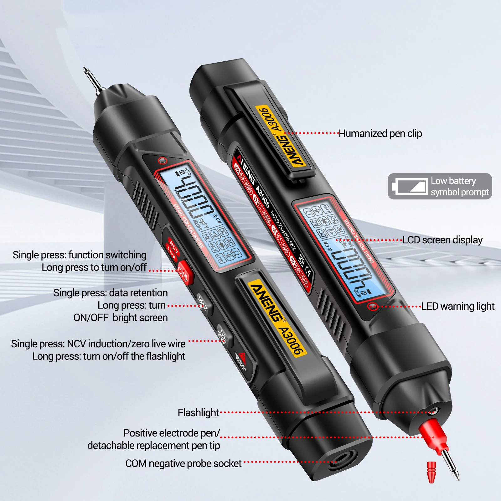 Digital multimeter ANENG A3006 4000 Counts Pen Type Multimeter Measure AC/DC voltage Detachable pen tip Test Zero Fire Line high precision Tools