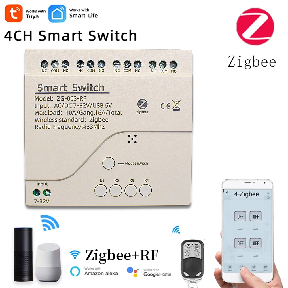 

Умный выключатель Tuya Zigbee, 4 канала, 433 МГц, дистанционное управление дверью, работает с Alexa Google Home