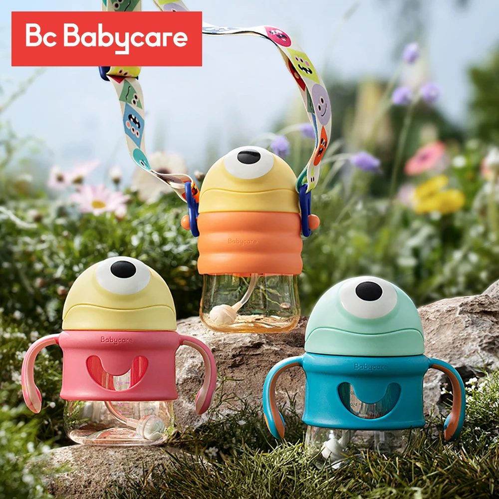 Bc Babycare 220/300ml Baby Feeding Cup with Straw/Duckbill Leakproof Cartoon Outdoor Shoulder Strap/Handle Leaning Water Bottles