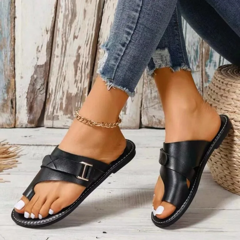 

Сандалии женские пляжные на плоской подошве, Нескользящие босоножки с закрытым носком, модные простые однотонные тапочки с закругленным носком, лето