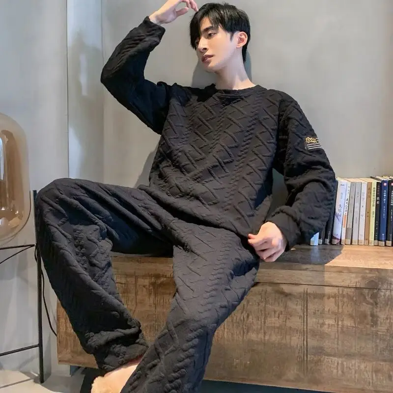Men Pajamas Autumn Winter Thickened Cotton Long Sleeve Interlayer Loose Extra Large Air Filter Cotton The New Homewear Set