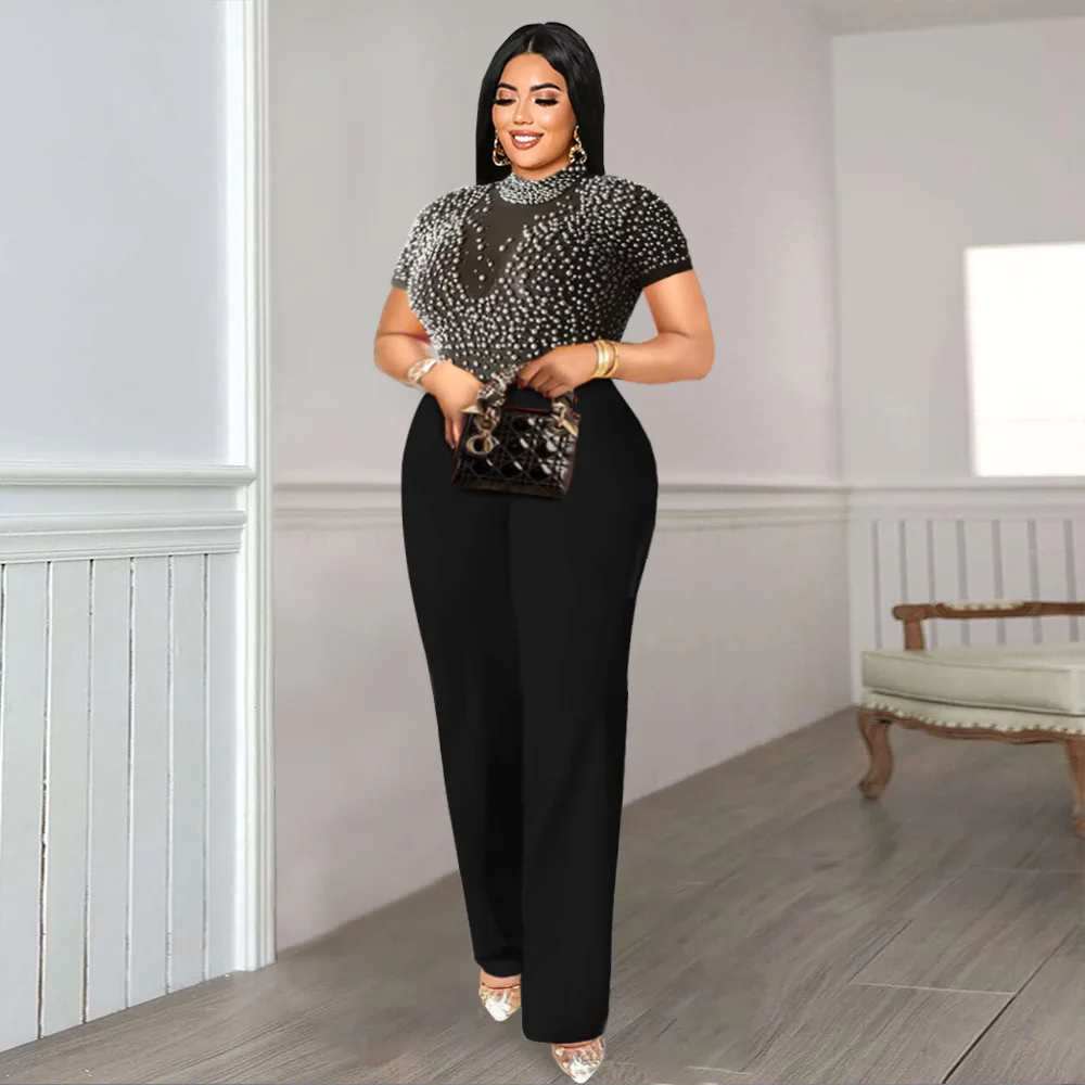 Plus Size Women Jumpsuit Mesh Pearl One Piece Outfits 2023 Summer Elegant Jumpsuit Female Designer Pants Luxury Fashion Cloth