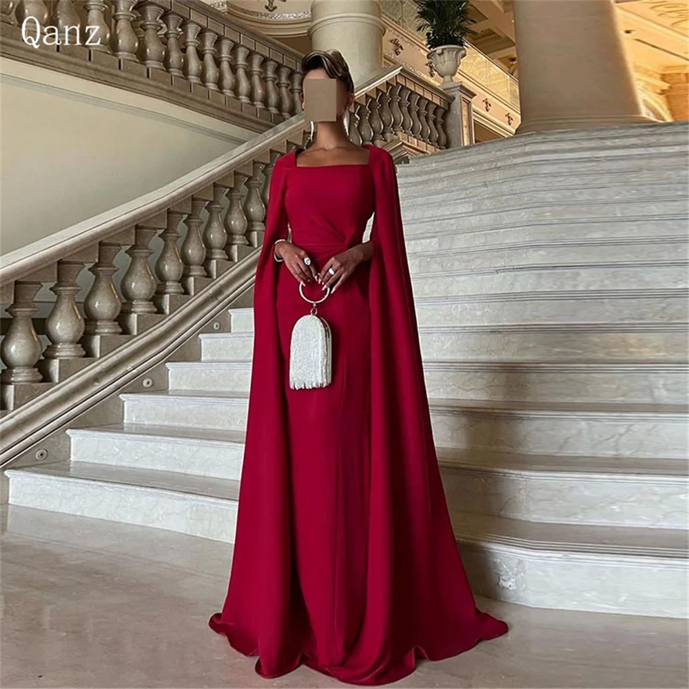 

Qanz Square Collar Formal Evening Dresses Long Cape Sleeves Mermaid Prom Gowns Celebrity Women Party Dress Vestidos De Noche