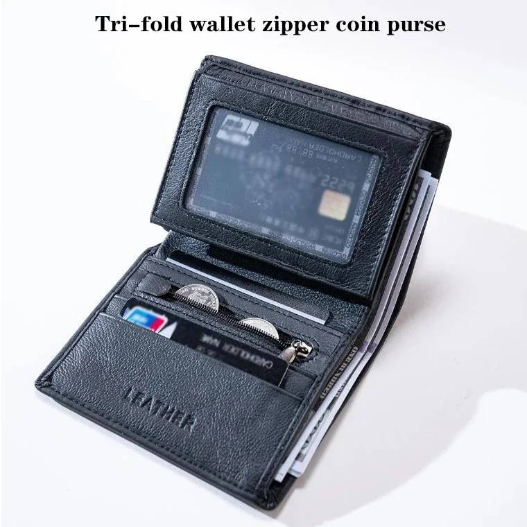 3-Fold Business Purse with Zipper Pocket & Multi-Card Slots Genuine Leather Men's RFID Blocking AntiTheft Wallet папернік  지갑
