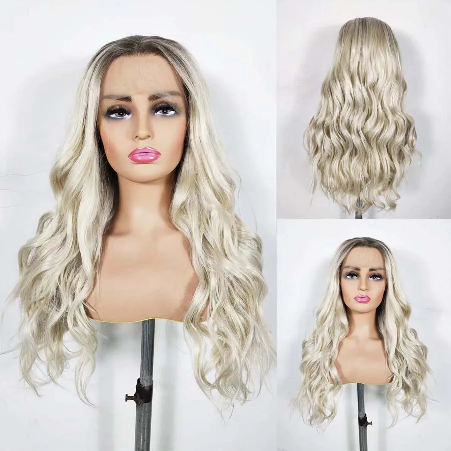 

Ombre Blonde Color 13x3 Glueless Lace Wig with Middle Part Body Wave Synthetic Hair Lace Front Wig for Woman Transprent Lace Wig