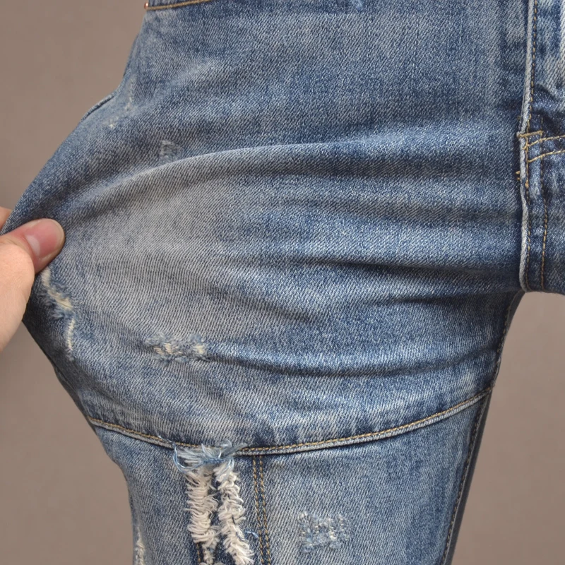 Streetwear Fashion Men Jeans Retro Blue Elastic Slim Fit Ripped Biker Jeans Homme Spliced Designer Patch Hip Hop Denim Pants Men