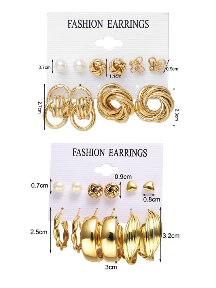 22Pcs/Set Fashion Gold Color Simple Earrings Retro Versatile Heart Faux Pearl Geometric Design Earring Daily Wear Jewelry Gifts