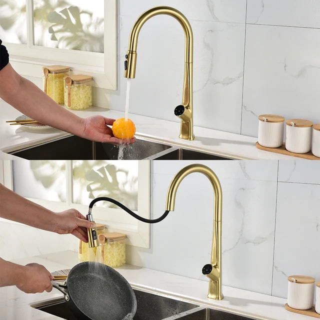 ก๊อกน้ำอ่างล้างจานแบบหรูหราทันสมัย พร้อมเซ็นเซอร์ ควบคุมน้ำร้อนน้ำเย็น แบบดึงออกได้ แสดงอุณหภูมิ ระบบสัมผัส 3