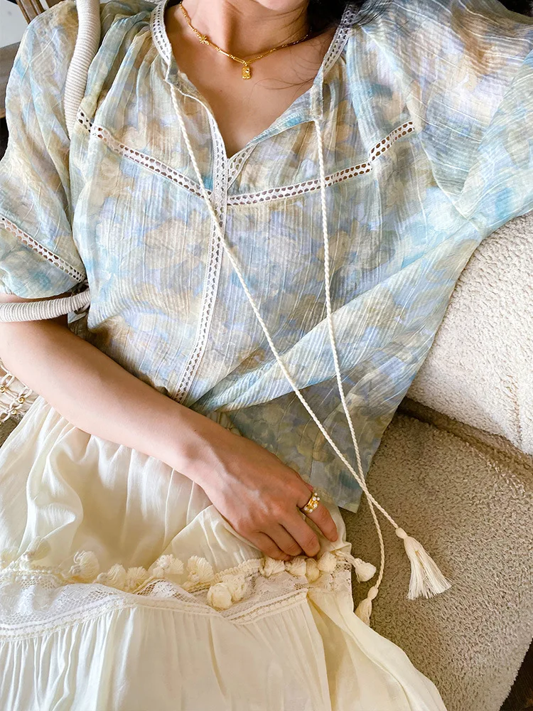 

GypsyLady Elegant French Chic Blouse Shirt Chiffon Floral Tassels Lace Up Summer Thin Women Blouse Sexy Office Ladies Top Shirt