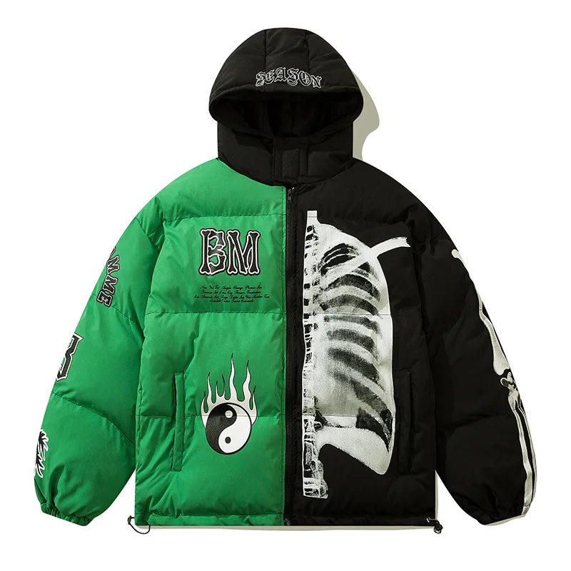 

Mens Winter Parka Jacket Yin Yang Skeleton Print Streetwear Outwear Harajuku Padded Jacket Hooded Loose Warm Coat Unisex 2023