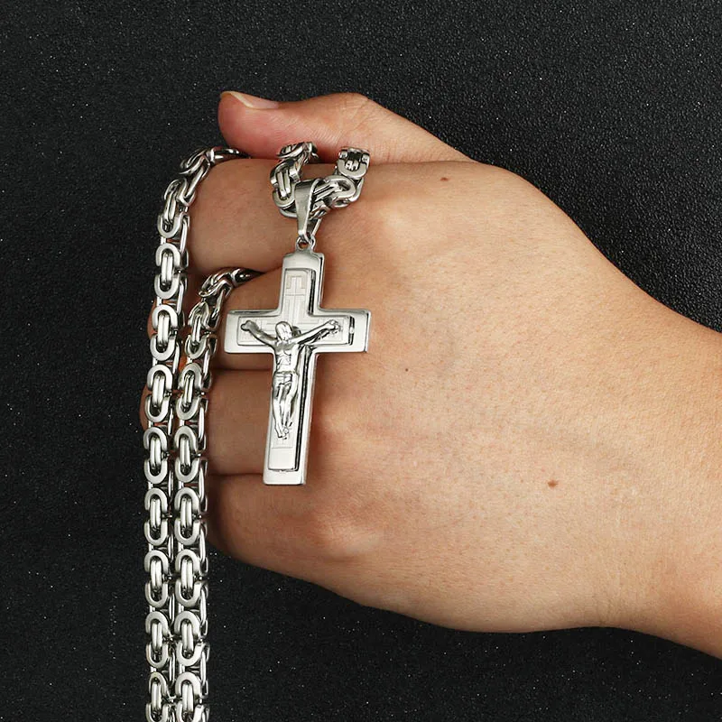 Stainless Steel Necklace Pendant Necklaces Pendant Necklace Metal Necklace Jesus Cross Long Byzantine Chain Stainless Steel Necklaces Pendants for Men Christian Crucifix Necklace Religious Jewelry