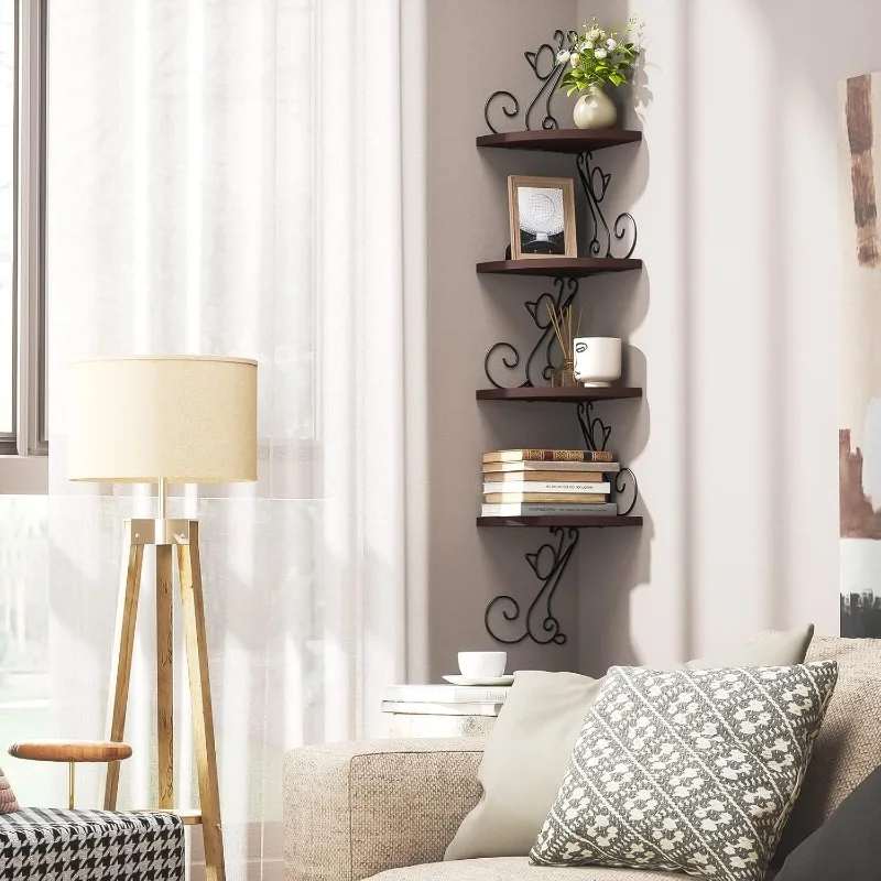 Corner Shelf Wall Mount, 4 Tier Floating Shelves for Wall, Easy-to-Assemble Wall Shelves Rustic Wood Decor 5
