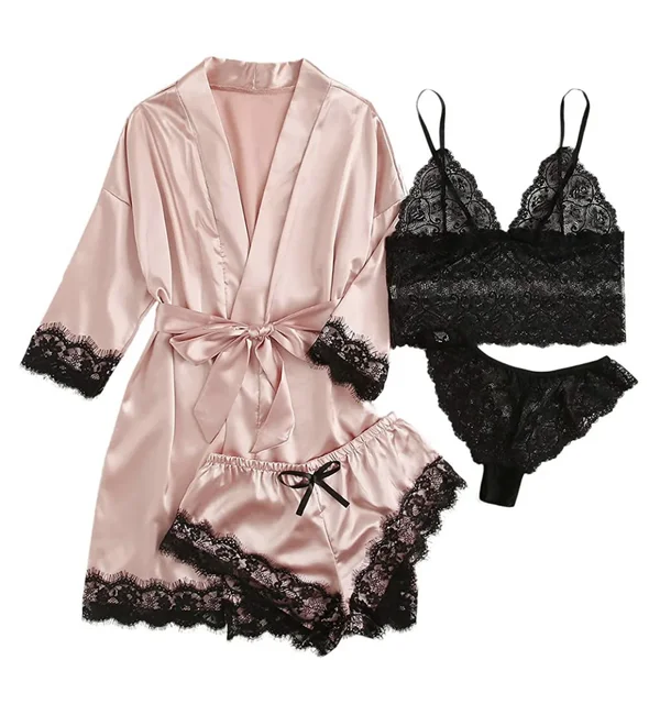 Pyjama Sexy pour femmes, chemises de nuit, Lingerie, short, 4 pièces, Camisole en dentelle, ensemble pyjama, Robe de maison, vêtements de loisirs 1