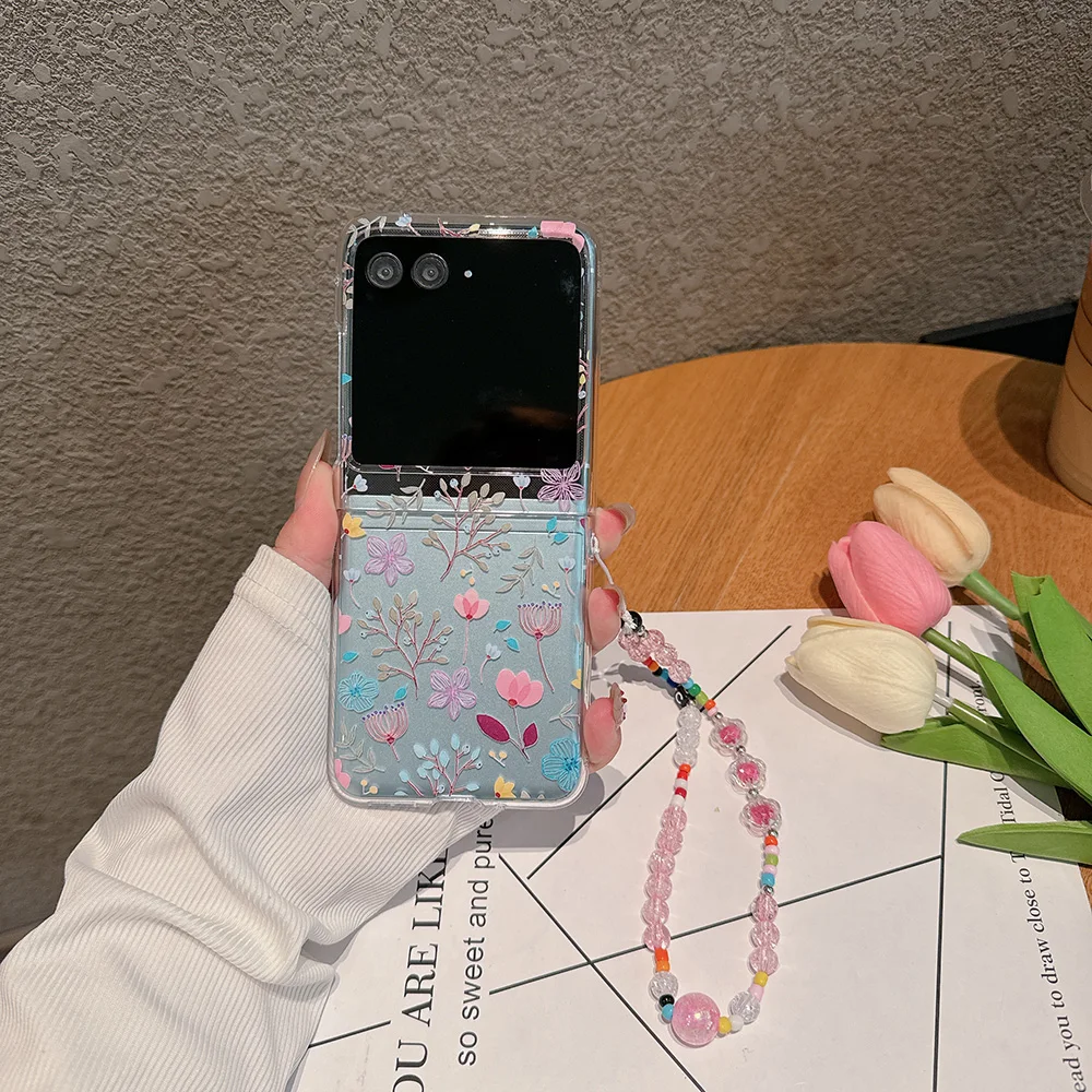 Transparent Flower Folding Case with Bracelet - Shockproof Hard Cover Accessories