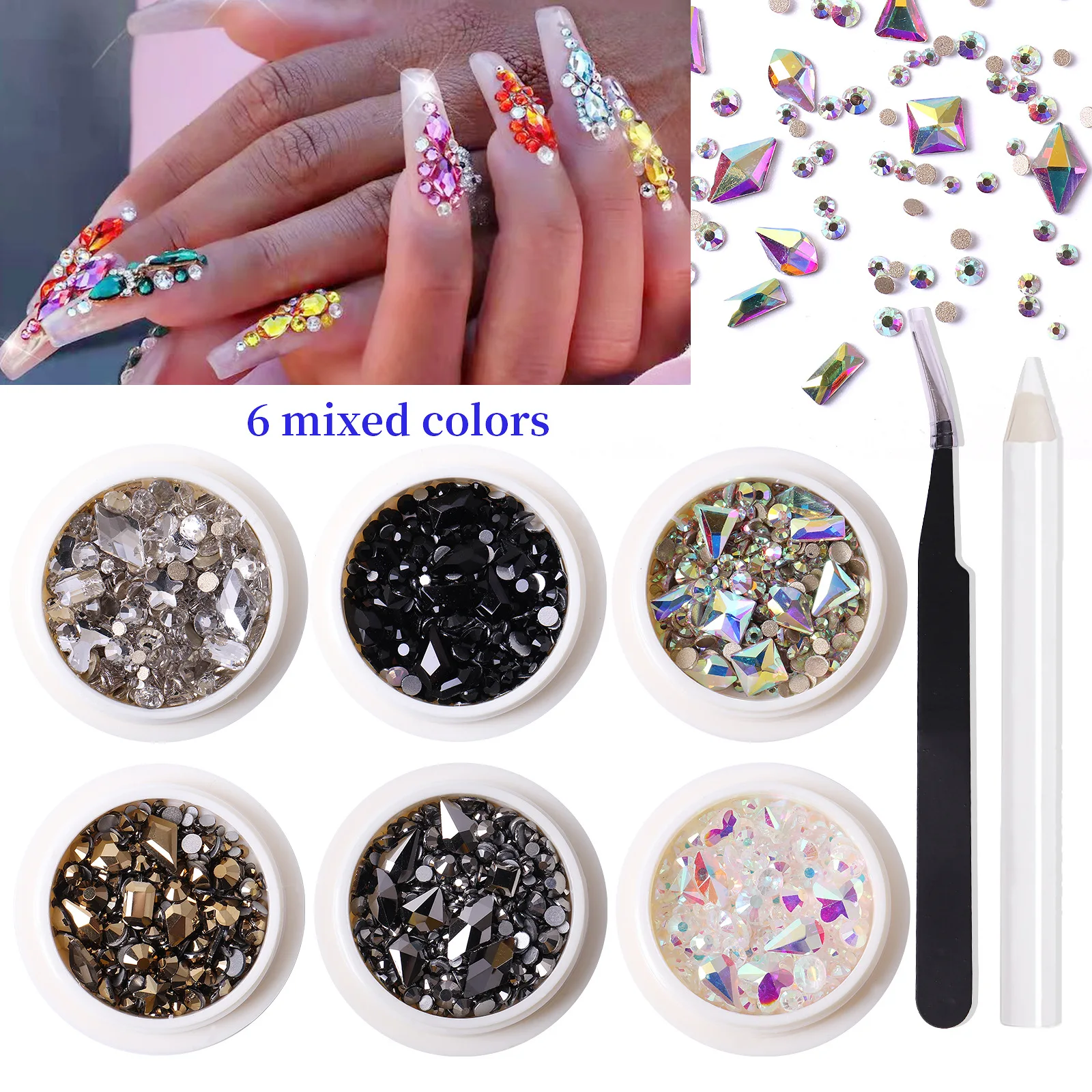 

6 коробок, кристаллы, бриллианты, зернистость, плоская задняя сторона, разные формы, драгоценные камни, разные размеры, с пинцетом и рандомный набор для ногтей