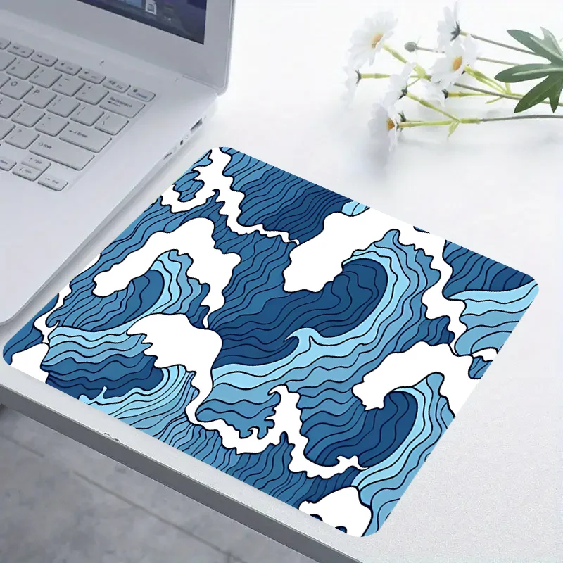 Blue and white ocean print e-sports gaming mouse pad, 2mm non-slip rubber sewn side long keyboard gaming pad, 31.49 x 11.81 inch 2