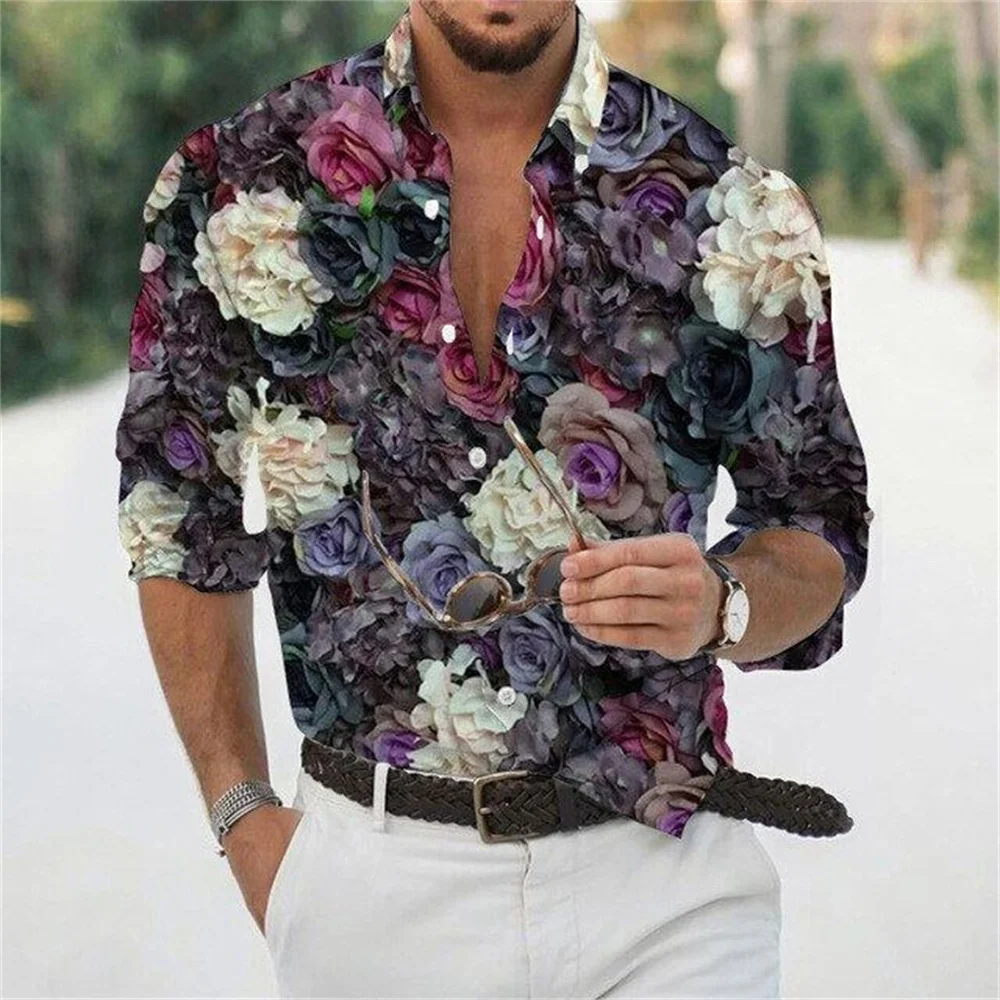 thumbnail image 1 of Nuevas camisas florales con estampado de cuadros para hombres, camisas de manga larga con solapa y botón impresas en 3D, ropa informal vintage Y2k, 1 of 5