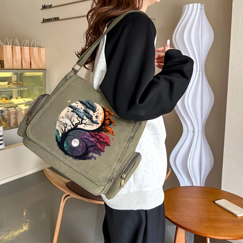 Vintage Women's Shoulder Bag Crossbody Bag Canvas Messenger Bag Yin Yang Print Large Capacity Laptop Bag