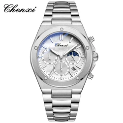 CHENXI Luxury Men's Waterproof Stainless Steel Chronograph with Moon Phase and Date Display (WHITE)