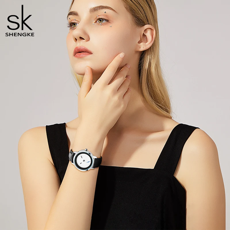 Shengke High-End Full Stainless Steel Women's Watches Simple Leather Strap Woman Quartz Wristwatcehs Original Design Lady Clock