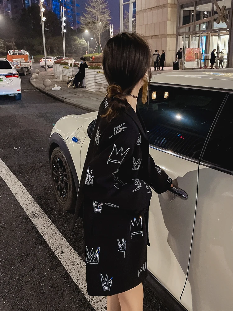 Trendy Black Suit Coat 2022 New Spring Autumn Loose Crown Hot Drilling Mid-long Blazers Elegant Long Sleeve Streetwear Jackets
