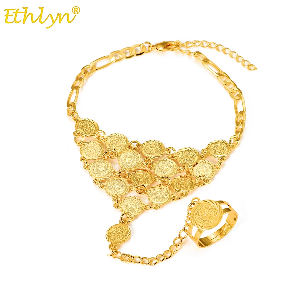Ethlyn Metal Coin Bracelet Bangle for Women Islam Muslim Arab Coin Money Sign Gold Color Middle Eastern Jewelry B017