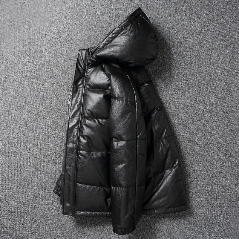 Men Leather Jacket Thick Hood Warm Down Coat