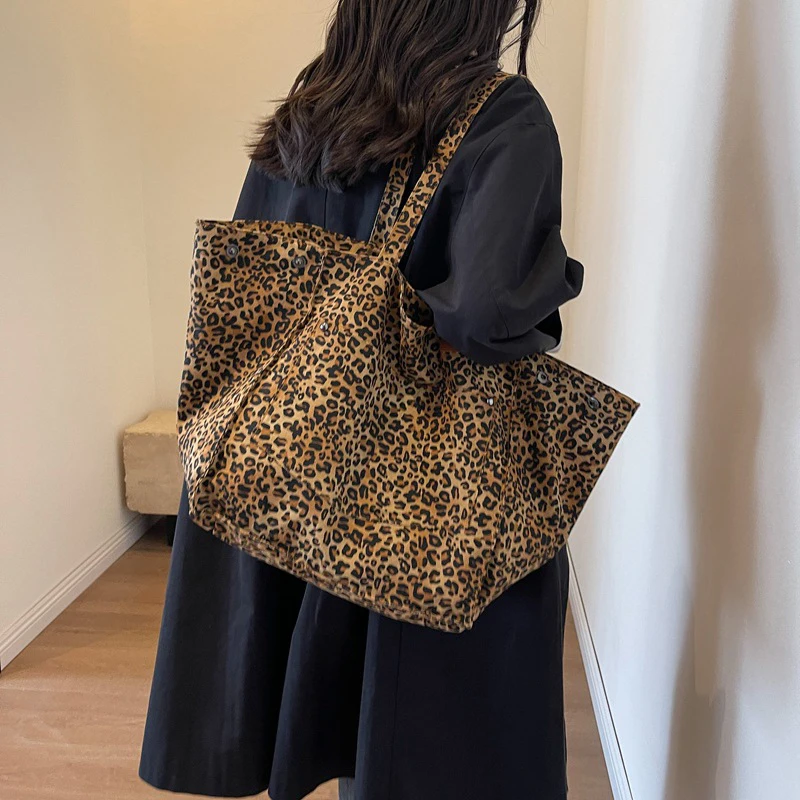 Oversized Leopard Print and Canvas Shoulder Bags